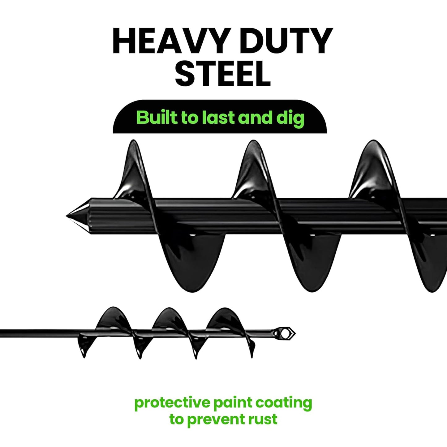Heavy-duty steel auger with text highlighting durability and rust prevention on a white background