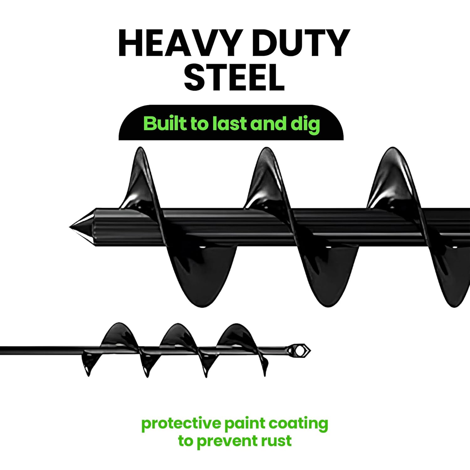 Heavy-duty steel auger with text highlighting durability and rust prevention on a white background