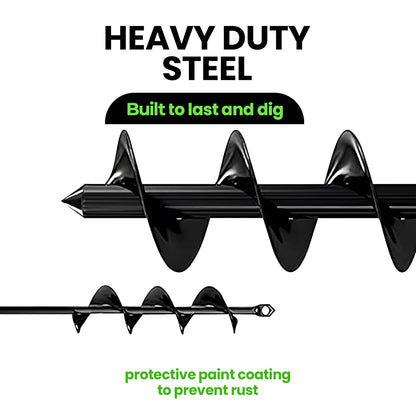 Heavy-duty steel auger with text highlighting durability and rust prevention on a white background