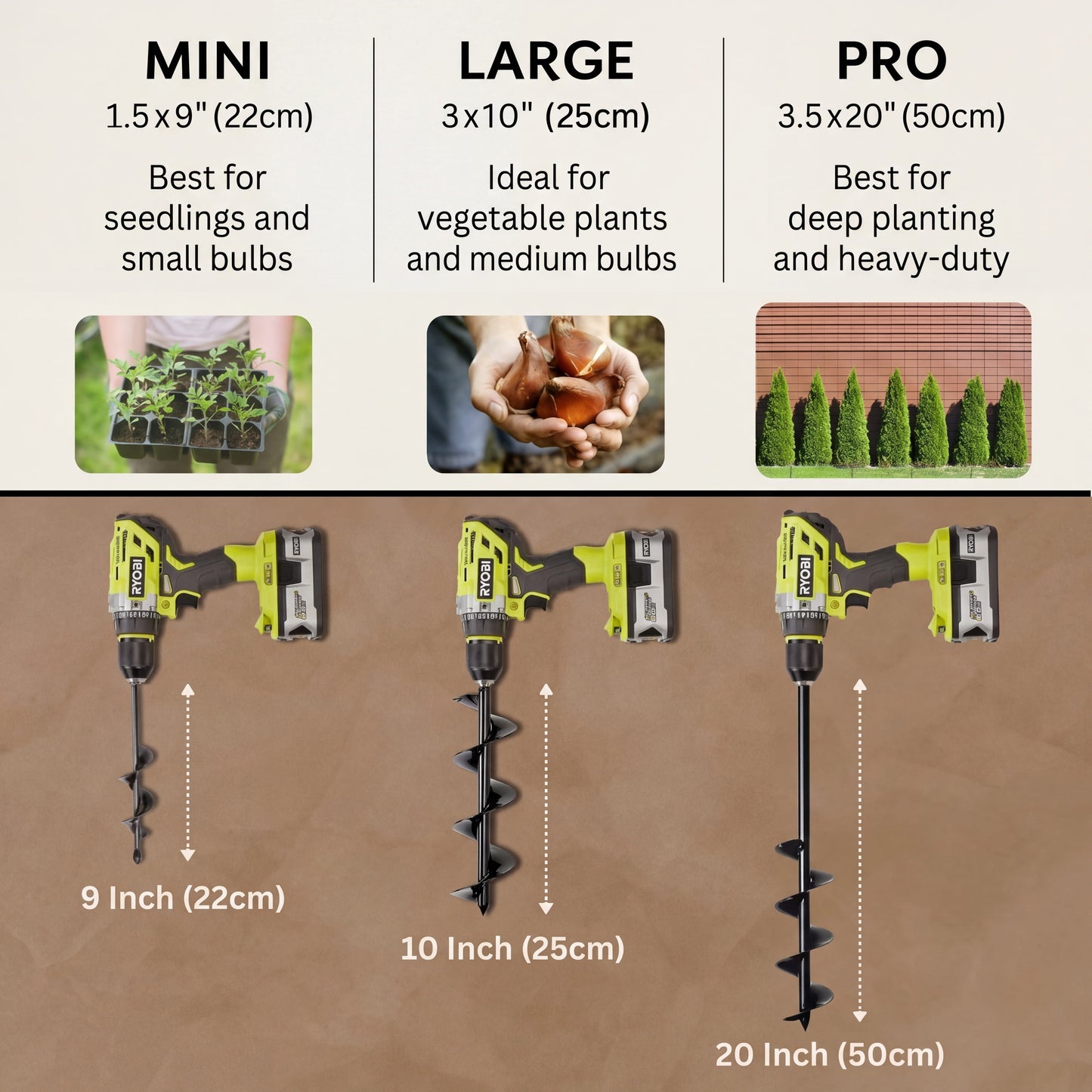 Three sizes of gardening auger with dimensions and uses on a brown background
