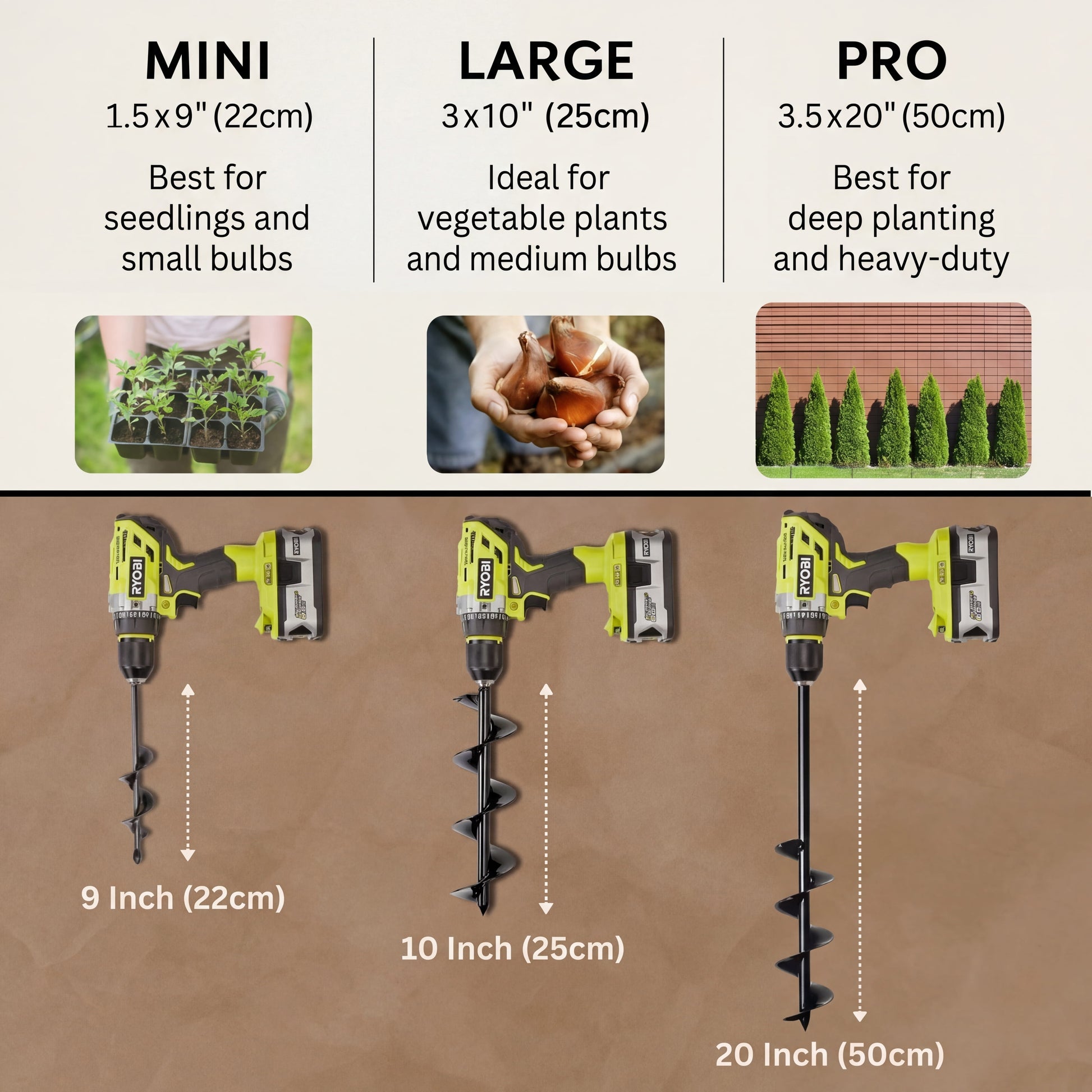 Three sizes of gardening auger with dimensions and uses on a brown background