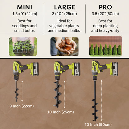 Three sizes of gardening auger with dimensions and uses on a brown background